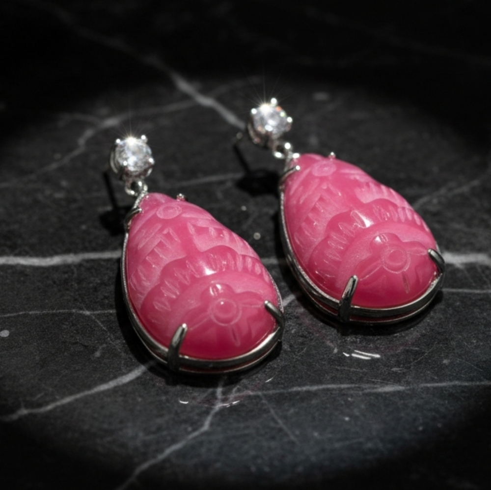 Carved Tear Drop Pink Jade & Natural White Zircon Sterling Silver Drop Earrings